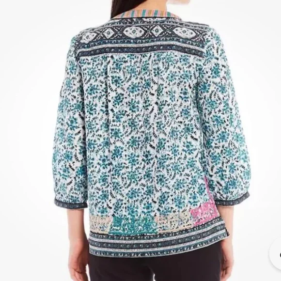 John Mark Boho Embroidered Floral 3/4 Sleeve Peasant Tunic Top Turquoise Small - Picture 14 of 15